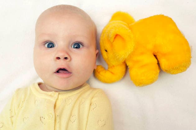 Funny face of little boy few months lay in bed with elephant soft toy Dnipro, Dnipropetrovsk Oblast, Ukraine R_ANAB201027-542020-01 ,model released, Symbolfoto