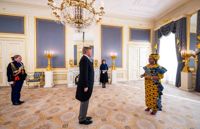 08-04-2026 Palace King Willem-Alexander during the credentials (geloofsbrieven) of the Ambassador of the Republic of Zambia, Her Excellency M. Chirwa, at palace Noordeinde in The Hague. Â  Copyright: xPPEx
