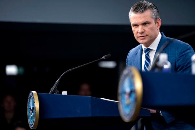 Secretary of Defense Pete Hegseth speaks during a press briefing at the Pentagon in Arlington, Virginia on Wednesday, April 8, 2026. Yesterday, the United States and Iran agreed to a two-week ceasefire, with the U.S. suspending bombing in Iran for two weeks if the country reopens the Straight of Hormuz.  ARL20260408321 BONNIExCASH