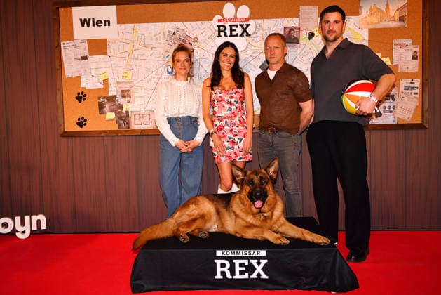 Marie Burchard, Doris Golpashin, Rex, Maximilian Brueckner and Ferdinand Seebacher arrive at the Kommissar Rex Season Premiere at Astor Film Lounge on April 8, 2026 in Munich, Germany Kommissar Rex Season Premiere in Munich, Germany