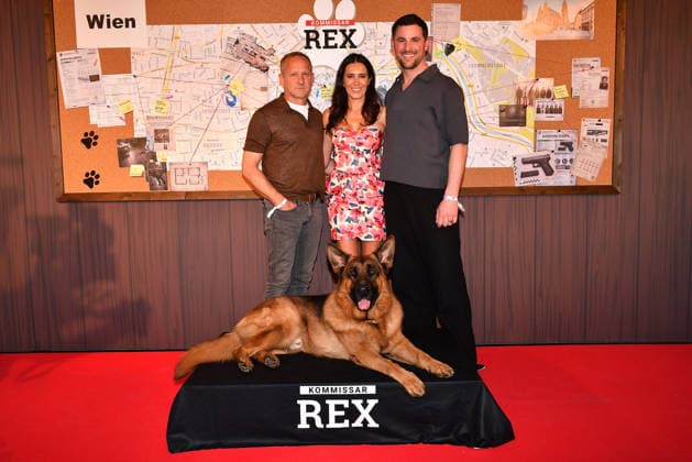 Maximilian Brueckner, Doris Golpashin, Rex and Ferdinand Seebacher arrive at the Kommissar Rex Season Premiere at Astor Film Lounge on April 8, 2026 in Munich, Germany Kommissar Rex Season Premiere in Munich, Germany