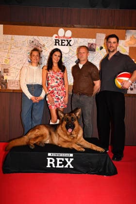 Marie Burchard, Doris Golpashin, Rex, Maximilian Brueckner and Ferdinand Seebacher arrive at the Kommissar Rex Season Premiere at Astor Film Lounge on April 8, 2026 in Munich, Germany Kommissar Rex Season Premiere in Munich, Germany