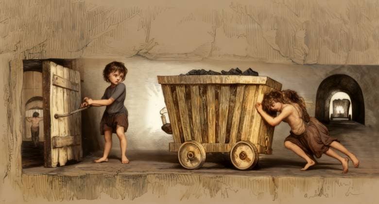 Historische Abbildung, Kinderarbeit im Kohlebergbau, Hurriker, die ein Kordel ziehen, 19. Jahrhundert Historical illustration, child labour in the coal mining industry, hurriers pulling a corf, 19th Century Copyright: imageBROKER Heinz-DieterxFalkens iblhfa17300534.jpg