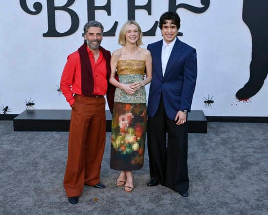 Cast members Oscar Isaac, Carey Mulligan and Charles Melton (L-R) attend Netflix s dark comedy TV series Beef at the Egyptian Theatre in the Hollywood section of Los Angeles on Wednesday, April 9, 2026. Storyline: Road rage ensues after a parking-lot incident, resulting in a bitter feud between the two antagonists. The vendetta between them and the lengths they ll go to in order to wreak revenge on each other spirals out of control, jeopardizing everything and everyone in their lives.  LAP2026040909 JIMxRUYMEN