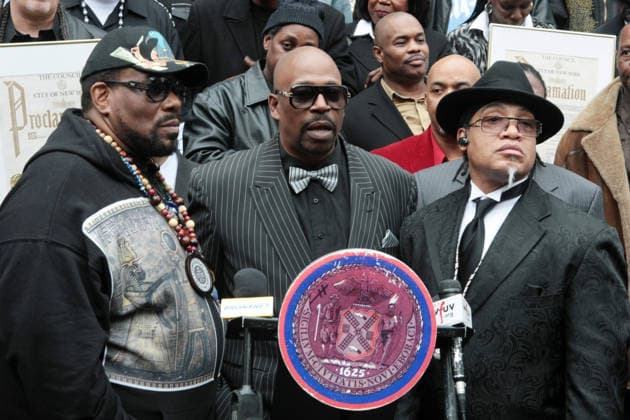 **FILE PHOTO** Afrika Bambaataa Has Passed Away. 12 March 2014 -New York, NY- (L-R) Recording Artists Afrika Bambatta, founder, Universal Zulu Nation, Grand Master Caz and Grand Master Melle Mel attend the New York City Council presentations of proclamations to Hip Hop Legends, Pioneers and Contributors during a formal New York City Council session held at New York City Hall in the Council Chambers on March 12, 2014 in New York City. Copyright: xmpi43 MediaPunchx