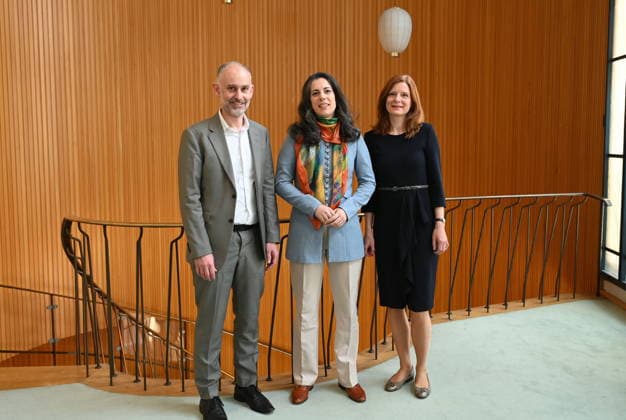Manager des WDR Sinfonieorchester Sebastian König, Dirigentin Marie Jacquot wird Chefdirigentin des WDR Sinfonieorchesters und WDR Intendantin Katrin Vernau, l-r,