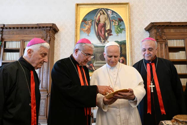 News Bilder des Tages ITALY - POPE LEO XIV RECEIVES IN PRIVATE AUDIENCE MEMBERS OF THE SYNOD OF BISHOPS OF THE CHALDEAN CHURCH OF BAGHDAD AT THE VATICAN - 2026 4 10 Italy, Rome, Vatican, 2026 4 10 Pope Leo XIV receives members of the Synod of Bishops of the Chaldean Church of Baghdad in a private audience in The Vatican EDITORIAL USE ONLY - NO BOOKS Copyright: xVATICANxMEDIAx
