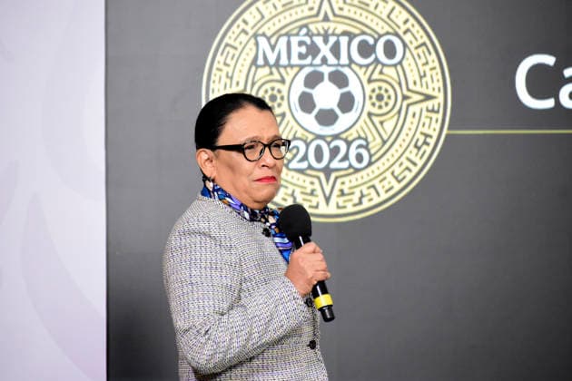 Mexico™s President Claudia Sheinbaum Holds Briefing Towards FIFA World Cup Mexico™s Minister of the Interior, Rosa Icela Rodriguez speaks during a news conference about construction and rehabilitation of soccer fields ahead the 2026 FIFA World Cup, at the National Palace. on April 10, 2026 in Mexico City, Mexico. (Photo by Luis Barron Eyepix Group) Copyright: xLuisxBarronx xEyepixxGroupx LB_10042026_180354