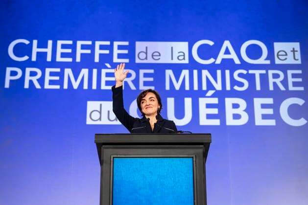 April 12, 2026, Drummondville, Pq, CANADA: CAQ premier-elect Christine Frechette celebrates while giving remarks after winning the CAQ leadership race, in Drummondville, Que., on Sunday, April 12, 2026. Drummondville CANADA  - ZUMAc35_ 20260412_zaf_c35_035 Copyright: xChristopherxKatsarovx