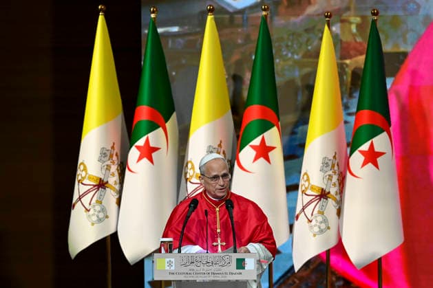 ALGERIA - POPE LEO XIV ATTEND A MEETING WITH THE CIVIL SOCIETY AND THE DIPLOMATIC CORPS AT THE DJAMAA AL DJAZAIR CONFERENCE CENTER - 2026 14 13 Algeria,Vatican, 2026 4 13 Pope Leo XIV attend a meeting with the civil society and the diplomatic corps at the Djamaa el Djazair Conference Center EDITORIAL USE ONLY - NO BOOKS Copyright: xVATICANxMEDIAx