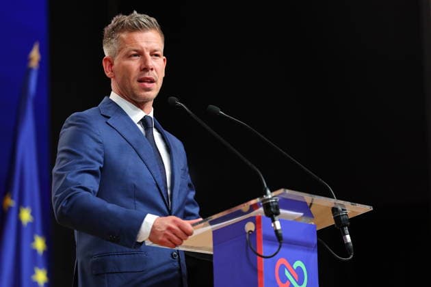 (260413) -- BUDAPEST, April 13, 2026 -- Peter Magyar, leader of Hungary s Tisza Party, speaks at an international press conference in Budapest, Hungary, April 13, 2026. Hungary s opposition party Tisza, led by Peter Magyar, defeated Prime Minister Viktor Orban s ruling coalition by securing a majority in Sunday s parliamentary elections, according to preliminary results released by the National Election Office (NEO). (Photo by Xinhua) HUNGARY-BUDAPEST-MAGYAR-PRESS CONFERENCE DavidxBalogh 