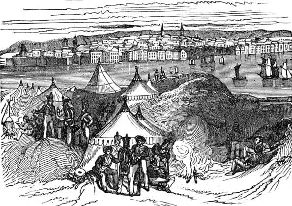 Siege of Boston: Native American militiamen surround the British forces entrenched in the city from April 18, 1775, to March 17, 1776 (American Revolutionary War). Engraving, 1855 RECORD DATE NOT STATED *** Siege of Boston Native American militiamen surround the British forces entrenched in the city from April 18, 1775, to March 17, 1776 American Revolutionary War Engraving, 1855 RECORD DATE NOT STATED  Copyright: x HJL Opale.photox