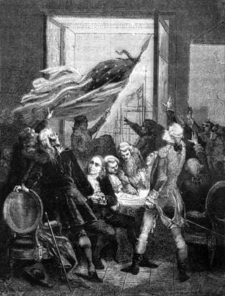 The Declaration of Independence of the United States of America, July 4, 1776, by the Continental Congress. Engraving, 1864 RECORD DATE NOT STATED *** The Declaration of Independence of the United States of America, July 4, 1776, by the Continental Congress Engraving, 1864 RECORD DATE NOT STATED  Copyright: x HJL Opale.photox