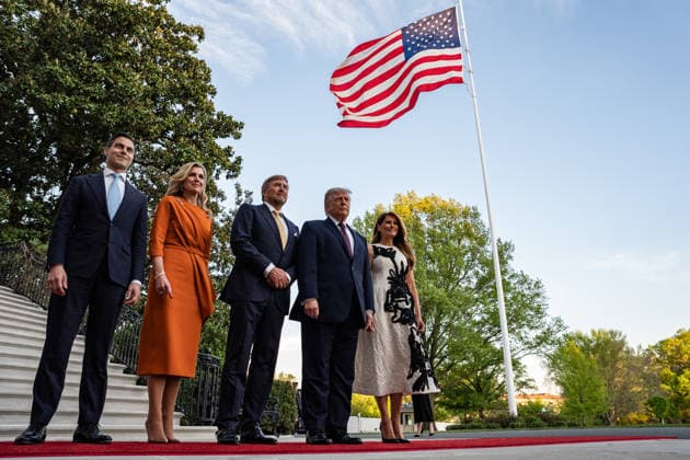 Rob Jetten, Netherlands prime minister, from left, Queen Maxima of the Netherlands, King Willem-Alexander of the Netherlands, US President Donald Trump, and First Lady Melania Trump during an arrival ceremony outside the White House in Washington, DC, on Monday, April 13, 2026. President Trump is hosting the King and Queen of the Netherlands for a dinner at the White House.  WASP20260413101 SalwanxGeorges