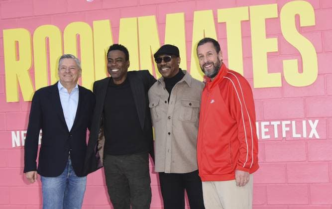 Ted Sarandos, Chris Rock, Eddie Murphy, Adam Sandler at arrivals for ROOMMATES Premiere, The Egyptian Theatre Hollywood, Los Angeles, CA, April 13, 2026. Photo By: Elizabeth Goodenough Everett Collection ROOMMATES Premiere PUBLICATIONXNOTxINxCANxCHNxFRAxITAxJPNxNORxPOLxRUSxESPxUKxUSA