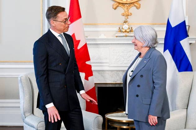 April 14, 2026, Ottawa, On, Canada: President of Finland Alexander Stubb, left, and Gov. Gen. Mary Simon talk as they meet at Rideau Hall during an official visit in Ottawa on Tuesday, April 14, 2026. Ottawa Canada  - ZUMAc35_ 20260414_zaf_c35_028 Copyright: xSpencerxColbyx