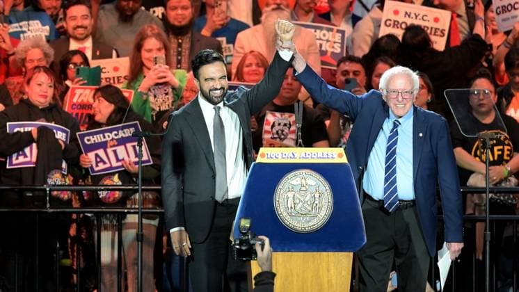 RECORD DATE NOT STATED New York City Mayor Zohran Kwame Mamdani™s 100 Day Address. (NEW) New York City Mayor Zohran Kwame Mamdani™s 100 Day Address. April 12, 2026, New York, USA: (R-L) Bernie Sanders, United States Senator with the New York City Mayor, Zohran Kwame Mamdani during the mayor™s 100 Days address of his government, highlighting his success and future governing plans. There is heavy security in and around provided by NYPD. Credit: Victor M. Matos Thenews2(Foto: Victor M. Matos Thenews2 imago images) New York City Mayor Zohran Kwame Mamdani™s 100 Day Address.  Copyright: xVictorxM.xMatosx