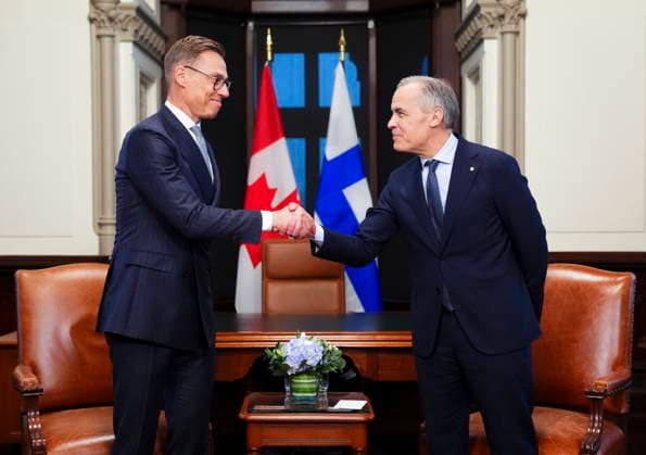 April 14, 2026, Ottawa, On, Canada: Alexander Stubb, President of Finland, left, and Prime Minister Mark Carney shake hands as they meet on Parliament Hill in Ottawa on Tuesday, April 14, 2026. Ottawa Canada  - ZUMAc35_ 20260414_zaf_c35_127 Copyright: xSeanxKilpatrickx