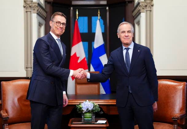 April 14, 2026, Ottawa, On, Canada: Alexander Stubb, President of Finland, left, and Prime Minister Mark Carney shake hands as they meet on Parliament Hill in Ottawa on Tuesday, April 14, 2026. Ottawa Canada  - ZUMAc35_ 20260414_zaf_c35_125 Copyright: xSeanxKilpatrickx