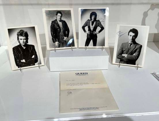 April 13, 2026, New York, New York, USA: A set of 4 signed photographs, ca. 1980, estimate $10,000 - $20,000, from the band Queen, Roger Taylor, Freddie Mercury, Brian May, and John Deacon, estimate $10,000 - $20,000, seen at the press preview for the SothebyÃ¢â‚¬â ¢s New York Rock and Pop Sale held at the Breuer Building. New York USA - ZUMAk03_ 20260413_zaf_k03_095 Copyright: xNancyxKaszermanx