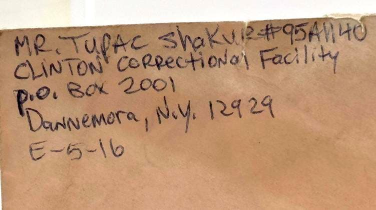 April 13, 2026, New York, New York, USA: A detail view of an envelope from the handwitten letter from Tupac Shakur to his girlfriend at the time Desiree Smith, penned from prison, ca. 1995, estimate $20,000 - $30,000, seen at the press preview for the SothebyÃ¢â‚¬â ¢s New York Rock and Pop Sale held at the Breuer Building. New York USA  - ZUMAk03_ 20260413_zaf_k03_026 Copyright: xNancyxKaszermanx