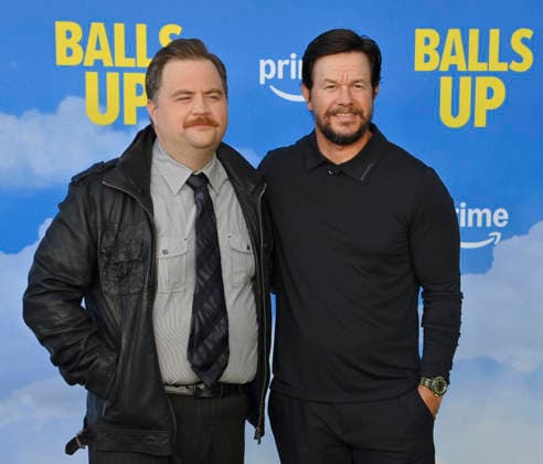 Cast members Paul Walter Hauser (L) and Mark Wohlberg attend the premiere of the motion picture sports comedy Balls Up at the Harmony Gold Theater in Los Angeles on Tuesday, April 14, 2026. Storyline: Two marketers pitch a bold new condom World Cup sponsorship. After a booze-fueled scandal, they must outrun chaos to survive.  LAP2026041428 JIMxRUYMEN