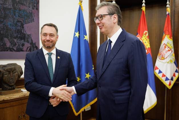 Belgian Foreign Minister Maxime Prevot and Serbia President Aleksandar Vucic pictured during a diplomatic meeting in Belgrade, Serbia, on day three of a diplomatic mission to the Balkans, on Wednesday 15 April 2026. From April 13 to 18, Belgian Foreign Minister Prevot will visit several countries in Balkans region.  BENOITxDOPPAGNE 170858424
