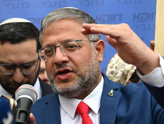 Israeli National Security Minister Itamar Ben Gvir gives a statement to the press before the Supreme Court hears petitions urging Prime Minister Benjamin Netanyahu to fire him, in Jerusalem, on Wednesday, April 15, 2026.  JER2026041507 DEBBIExHILL