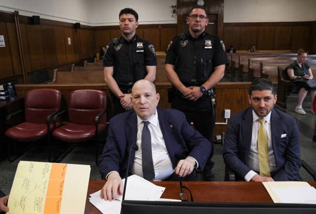 Former Hollywood film producer Harvey Weinstein appears in Manhattan Supreme Court during his retrial in New York City on Wednesday, April 15, 2026. The retrial of Weinstein on a rape charge on which a jury was previously deadlocked began on April 14, although he will remain imprisoned for other offenses regardless of the verdict. Weinstein is accused of the third-degree rape of Jessica Mann, who starred in the 2015 romantic commedy This Isn t Funny. Pool  NYX20260415206 TIMOTHYxA.xCLARY