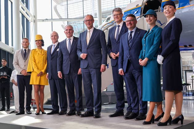Official ceremony marking the 100th anniversary of the founding of Lufthansa Karl-Ludwig Kley (Executive Board of Lufthansa AG), Carsten Spohr (CEO of Lufthansa AG), German Chancellor Friedrich Merz, Minister Patrick Schnieder and Boris Rhein, Minister-President of Hesse during the Official ceremony marking the 100th anniversary of the founding of Lufthansa at Lufthansa Group Hangar One in Frankfurt am Main, Germany, April 15, 2026 Frankfurt am Main Airport, Lufthansa Group Hangar One Hessen Deutschland Copyright: xJoaquimxFerreirax