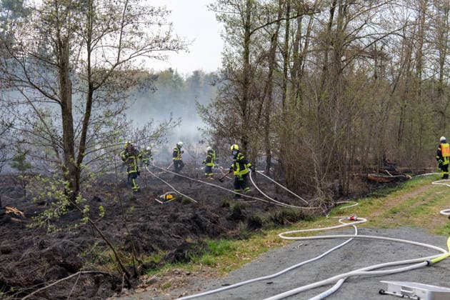 Waldbrand Hubschrauber ortet Flammen aus der Luft Am 15.04.2026 brach gegen 18:45 Uhr in einer Waldschneise in Seligenstadt-Froschhausen ein Feuer aus. Eine zunächst nicht lokalisierbare Rauchsäule sichtbar auch von der Autobahn 3 löste einen größeren Einsatz von Polizei und Feuerwehr aus. Ein Polizeihubschrauber ortete den Brandherd in der Waldschneise Am Sandborn aus der Luft und führte die Feuerwehr zur Einsatzstelle. Eine Fläche von rund 60 mal 100 Metern stand in Flammen, die Flammen schlugen zeitweise bis zu zwei Meter hoch. Die Kriminalpolizei hat die Ermittlungen zur bislang ungeklärten Brandursache aufgenommen. Seligenstadt Froschhausen Hessen Deutschland *** Forest fire Helicopter locates flames from the ai