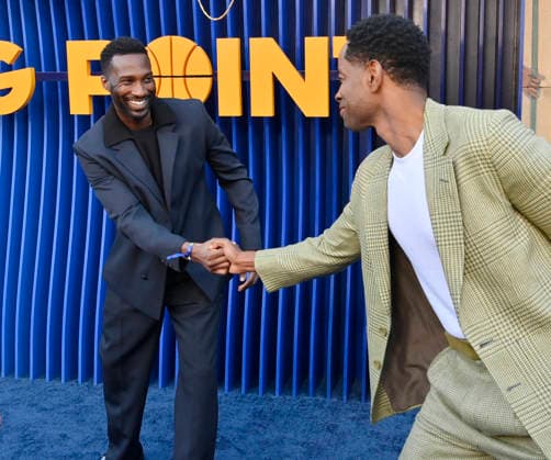 Cast members Justin Hurt-Dunkley (L) and Jay Ellis attend the premiere of Netflix s Season 2 TV series sport comedy Running Point at the Egyptian Theatre in the Hollywood section of Los Angeles on Wednesday, April 15, 2026. Storyline: Isla Gordon, overlooked her whole life, is appointed President of the LA Waves basketball team, a family business, when her brother enters rehab. She aims to prove she is the right choice despite skepticism.  LAP2026041551 JIMxRUYMEN