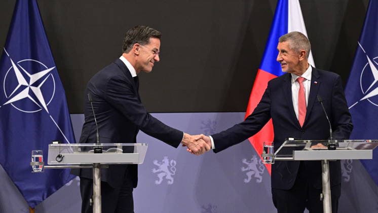 NATO Secretary General Mark Rutte, left, and Czech Prime Minister Andrej Babis attend a press conference after their meeting in Prague, Czech Republic, April 16, 2026. (CTKxPhoto VitxSimanek) CTKPhotoP2026041608534  CTKPhotoP2026041608534