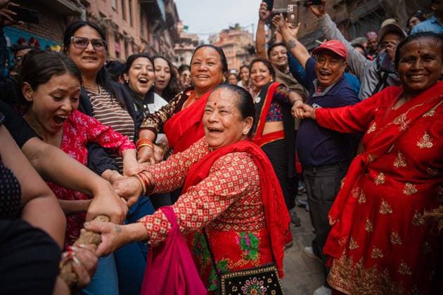 April 16, 2026, Bhaktapur, Bagmati, Nepal: For the first time in history, Newari women pulled Lord BhairavÃ¢â‚¬â ¢s chariot in Bhaktapur on Thursday...Celebrated to welcome the New Year, Biska Jatra spans eight nights and nine days, bringing communities together in a shared spirit of devotion and celebration. Bhaktapur Nepal  - ZUMAm204 20260416_zip_m204_015 Copyright: xAmitxMachamasix