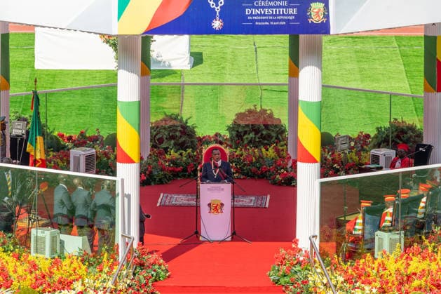 (260417) -- BRAZZAVILLE, April 17, 2026 -- President of the Republic of the Congo Denis Sassou Nguesso delivers an inaugural address during his inauguration ceremony at Kintele Stadium in the northern suburbs of Brazzaville, the Republic of the Congo, April 16, 2026. President of the Republic of the Congo Denis Sassou Nguesso, re-elected in the March 15 presidential election, was sworn in on Thursday for a new five-year term. The ceremony took place at Kintele Stadium in the northern suburbs of Brazzaville, the capital city, in the presence of several African heads of state. ) REPUBLIC OF THE CONGO-BRAZZAVILLE-PRESIDENT-INAUGURATION ZhengxYangzi 