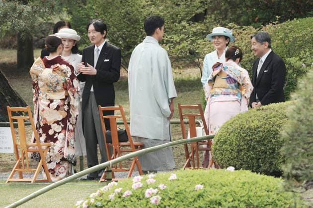 Japan imperial couple hosts spring garden party TOKYO, JAPAN - APRIL 17: (----EDITORIAL USE ONLY MANDATORY CREDIT - KAZUHIRO NOGI POOL AFP - NO MARKETING NO ADVERTISING CAMPAIGNS - DISTRIBUTED AS A SERVICE TO CLIENTS----) Japan s Emperor Naruhito (R), Empress Masako (3rd R), Crwon Prince Akishino (3rd L), and Crown Princess Kiko (2nd L) greet guests during the spring garden party at the Akasaka Palace imperial garden in Tokyo, capital of Japan, on April 17, 2026. Kazuhiro Nogi Pool Afp Anadolu Tokyo Japan. Editorial use only. Please get in touch for any other usage.  Copyright: x2026xAnadoluxKazuhiroxNogix xPoolx xAfpx