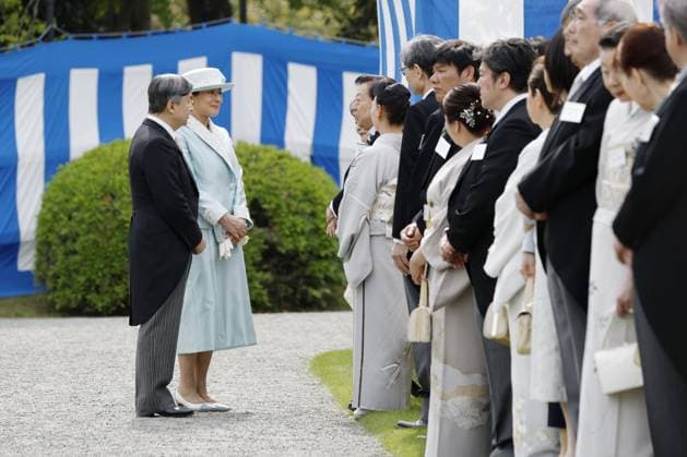 Japanese imperial garden party Japanese Emperor Naruhito (far L) and Empress Masako (2nd from L) chat with invitees during a spring imperial garden party at the Akasaka Imperial Gardens in Tokyo on April 17, 2026.  A14AA0005466164P