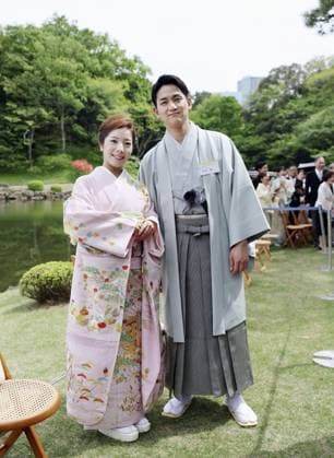 Japanese imperial garden party Milan Cortina Olympic pairs figure skating gold medalists Riku Miura (L) and Ryuichi Kihara attend a spring imperial garden party at the Akasaka Imperial Gardens in Tokyo on April 17, 2026. The pair announced their retirement from competition the same day. (Pool photo)  A14AA0005466224P
