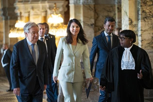 THE HAGUE - United Nations Secretary-General Antonio Guterres and Annalena Baerbock, President of the United Nations General Assembly, are guests at the celebratory session marking the 80th anniversary of the International Court of Justice (ICJ). LINA SELG ANP netherlands out - belgium out  Copyright: xx x556021442x originalFilename: 556021442.jpg