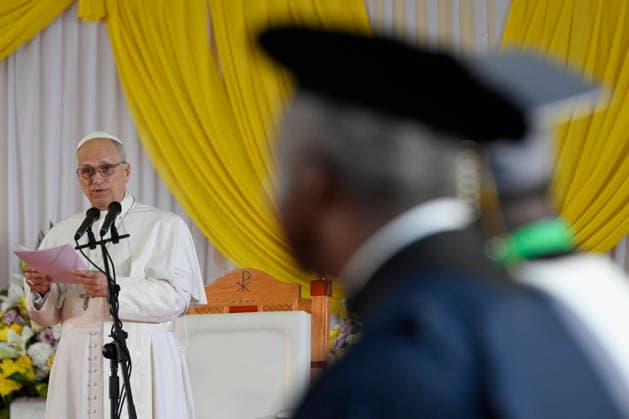 CAMEROON - POPE LEO XIV MEETS WITH UNIVERSITY STUDENTS AND PROFESSORS AT THE CATHOLIC UNIVERSITY OF CENTRAL AFRICA INH YAOUNDE - 2026 4 17 Cameroon,Vatican, 2026 4 17 Pope Leo XIV meets with university students and professors at the Catholic University of Central Africa in Yaounde on the fifth day of an 11-day apostolic journey to Africa, EDITORIAL USE ONLY - NO BOOKS Copyright: xVATICANxMEDIAx