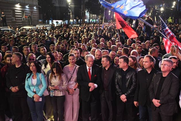 Protests by the opposition calling for the government s resignation continue in Albania??????? TIRANA, ALBANIA - APRIL 17: PD Chairman Sali Berisha attends a demonstration against government, which have been taking place for months at the call of the main opposition Democratic Party (PD), in Tirana, Albania on April 17, 2026. Olsi Shehu Anadolu Tirana Albania. Editorial use only. Please get in touch for any other usage.  Copyright: x2026xAnadoluxOlsixShehux