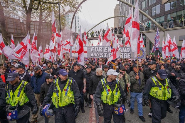 Britain first supporters march in Manchester MANCHESTER, UNITED KINGDOM - APRIL 18: Britain first party hold a march during a demonstration as they celebrate St George’s Day and they demand remigration in Manchester, United Kingdom on 18 April, 2026. Loannis Alexopoulos Anadolu Manchester United Kingdom. Editorial use only. Please get in touch for any other usage.  Copyright: x2026xAnadoluxLoannisxAlexopoulosx