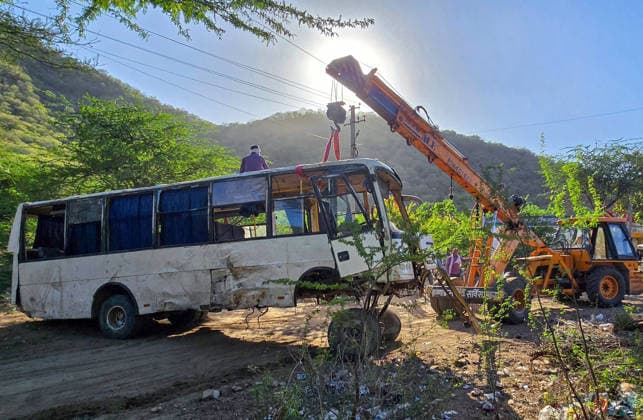 A bus plunges into a deep gorge, leaving two people dead and 31 others injured, in Ajmer Ajmer, Apr 19 (ANI): A bus plunges into a deep gorge, leaving two people dead and 31 others injured, in Ajmer on Sunday. Ajmer Rajasthan India Copyright: xANIx ANI_20260419461