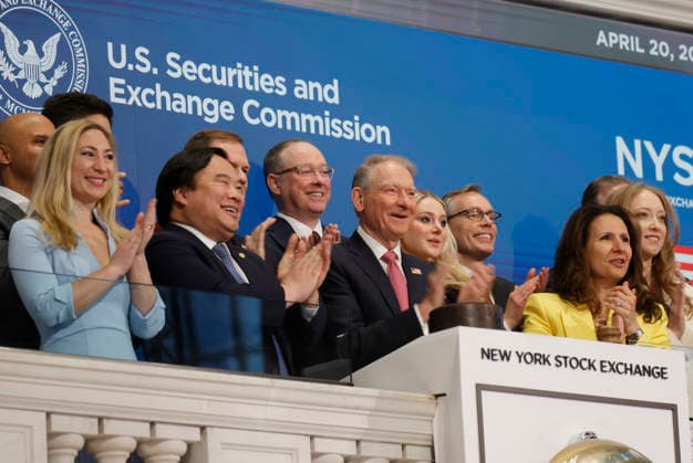 U.S. Securities and Exchange Commission Chairman Paul Atkins and guests ring the Opening Bell at the New York Stock Exchange at the NYSE on Wall Street on Monday, April 20, 2026 in New York City. The S&P 500 began the day lower on Monday as tensions between the U.S. and Iran escalated over the weekend with the seizure of an Iranian-flagged cargo ship.  NYP20260420114 JOHNxANGELILLO