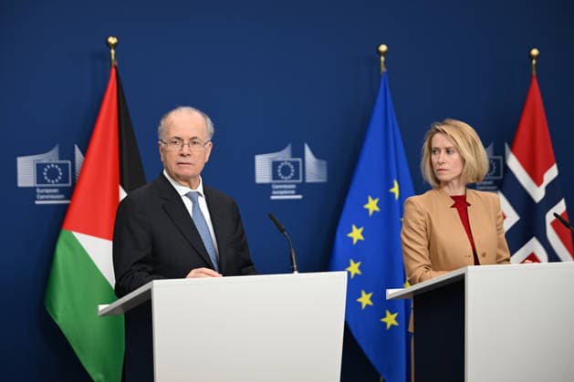 EU, Norway, and Palestine leaders address media after AHLC meeting BRUSSELS, BELGIUM - APRIL 20: Palestinian Prime Minister Mohammad Mustafa (L), EU High Representative for Foreign Affairs and Security Policy Kaja Kallas (R), and Norwegian Foreign Minister Espen Barth Eide (not seen) hold a joint press conference in Brussels, Belgium, on April 20, 2026. The three leaders addressed the media following the 9th Global Alliance for the Two-State Solution Meeting and the Ad Hoc Liaison Committee (AHLC) Meeting, focusing on international aid for Palestinians and the revitalization of the peace process. Dursun Aydemir Anadolu Brussels Belgium. Editorial use only. Please get in touch for any other usage.  Copyright: x2026xAnadoluxDursunxAydemirx