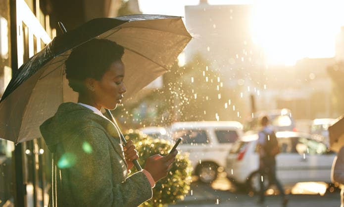 Dont let the rain pass, learn to work with it. a young businesswoman using an umbrella and a smartphone while going for a walk in the rain against an urban background (License=RF) ,model released, Symbolfoto  Copyright: xZoonar.com YurixArcursxpeopleimages.comx 18907515 ,model released, Symbolfoto ,property released