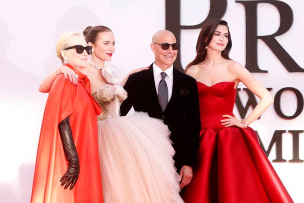 Cast members Meryl Streep, Emily Blunt, Stanley Tucci and Anne Hathaway arrive on the red carpet for the 20th Century Studios The Devil Wears Prada 2 World Premiere at David Geffen Hall, Lincoln Center, on Monday, April 20, 2026 in New York City.  NYP20260420210 JOHNxANGELILLO