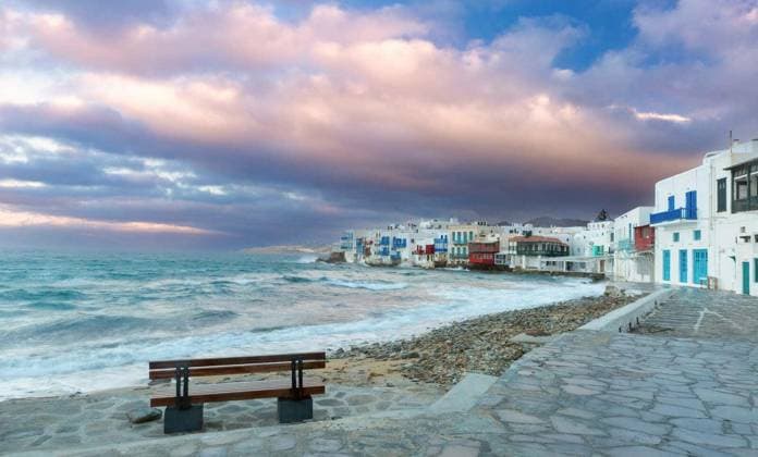 Colorful waterfront buildings in Little Venice at sunrise in Mykonos, Greece Copyright: xkavalenkavax Panthermedia100657032.jpg