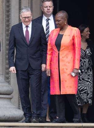 April 21, 2026, London, England, United Kingdom: Prime Minister Sir KEIR STARMER and Baroness VALERIE AMOS depart the British Museum in London after viewing the final design for the Queen Elizabeth II Memorial. London United Kingdom  - ZUMAs262 20260421_zip_s262_005 Copyright: xTayfunxSalcix