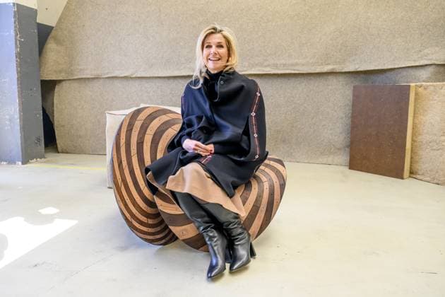 Arnhem, The Netherlands, 2026-04-21 14:03:48 ARNHEM, 21-04-2026, Cleantech Park. Queen Maxima visits Cleantech Park Arnhem. Arnhem has been named SME City 2026 by the business association MKB-Nederland. Every year, MKB-Nederland awards this title to a city or region that demonstrates it stands alongside entrepreneurs, actively works towards an attractive business climate, supports collaboration with entrepreneurs, and offers space for innovation, growth, and networking. PHOTO: NLBeeld Patrick van Emst. In the photo: Queen Maxima takes a seat on a circular design chair by Joris Laarman. Credit: NL Beeld Patrick van Emst  Copyright: xx x